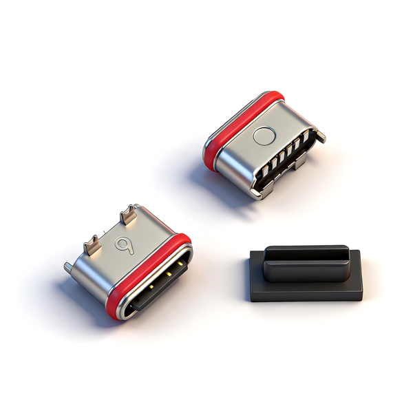 A04W0601A  防水TYPE C母座6PIN 立式两脚插板SMT L=7.1 舌片外露 带贴板脚  锌合金 IPX7