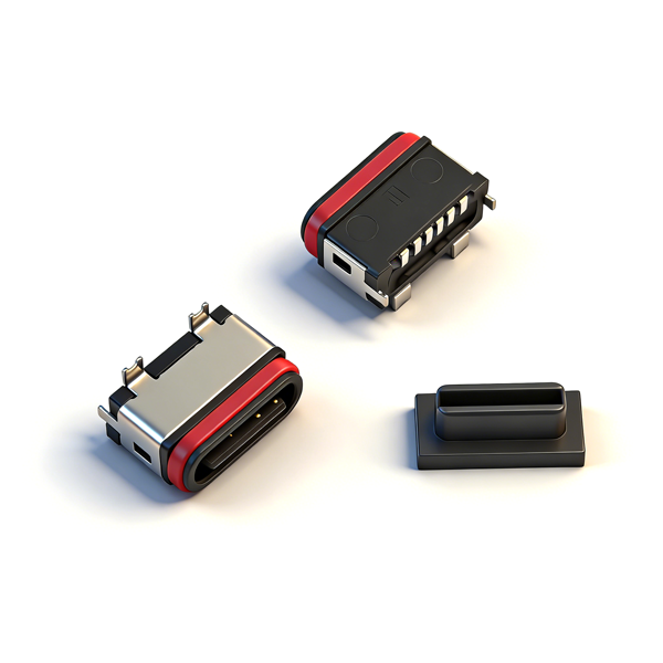 A04W0606A  防水TYPE C母座6PIN 立式两脚插板SMT L=6.8 带贴板脚 全塑 IPX7