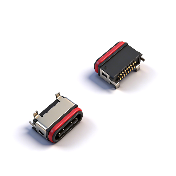 A04W1602A 防水TYPE C母座16PIN 立式两脚插板SMT L=6.8 带贴板脚 全塑 IPX7