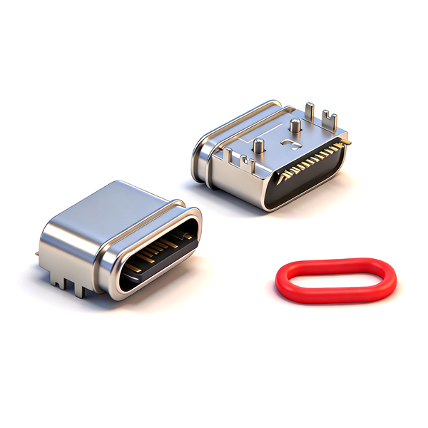 B09W1602A 防水TYPE C母座16PIN 板上四脚插板SMT L=6.5 舌片外露 锌合金