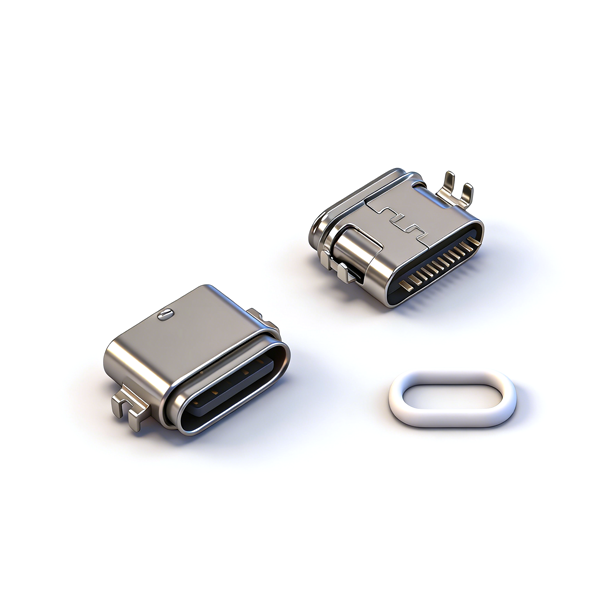 B09W1605A 防水TYPE C母座16PIN 沉板1.4 四脚插板SMT L=7.45 不锈钢 双外壳