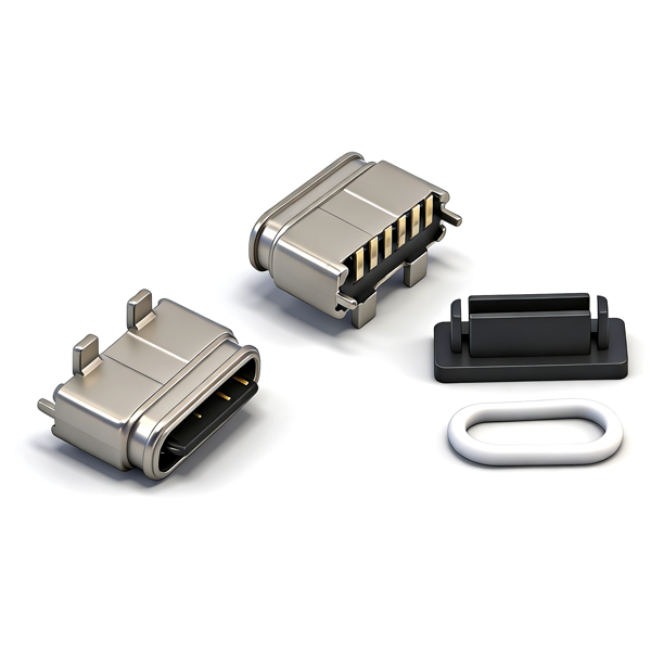 B09W0608A 防水TYPE C母座6PIN 立式四脚插板SMT L=6.4 舌片外露 带贴板脚 锌合金